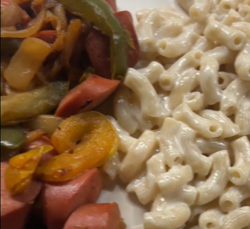 Hot Dogs, Onions & Peppers with a side of Gouda Mac & Cheese